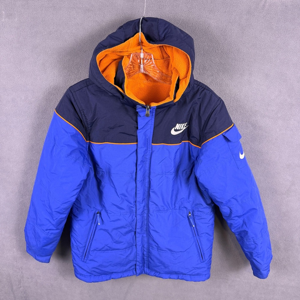 VTG Nike Reversible Puffer Jacket Boys Large Fleece Hooded Padded Coat Y2K